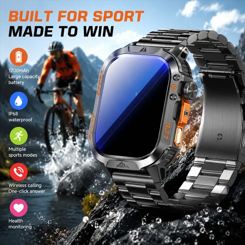 New 1200mAh Large Battery Men Smart Watch IP68 Waterproof BT Call 2.01 Inch Large Screen Health Monitoring Smart Swatch Men