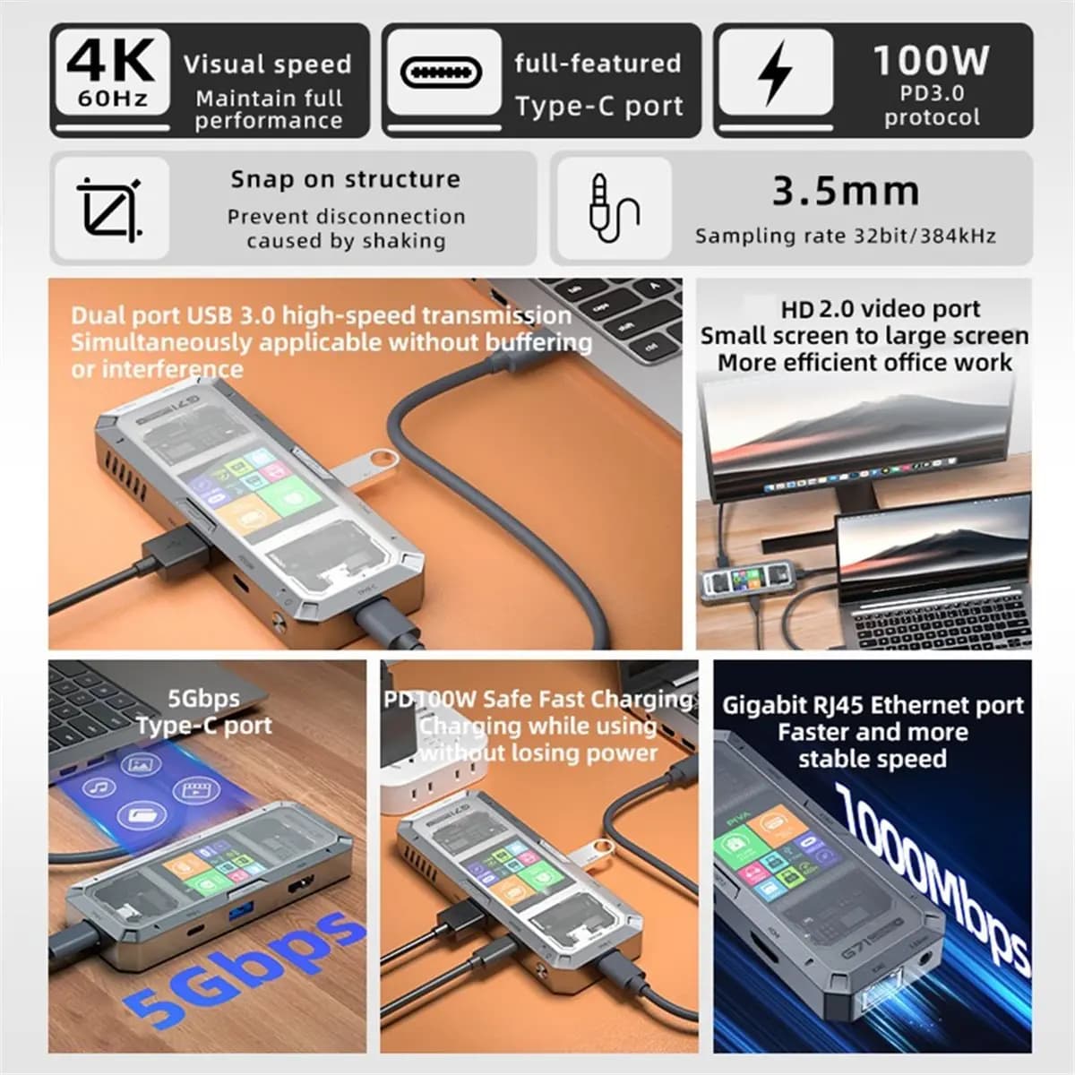 G71 Docking station per ufficio in lega di alluminio 7 in 1 Display intelligente da tipo C a HDM2.0 USB3.0 HUB Adattatore PD100W