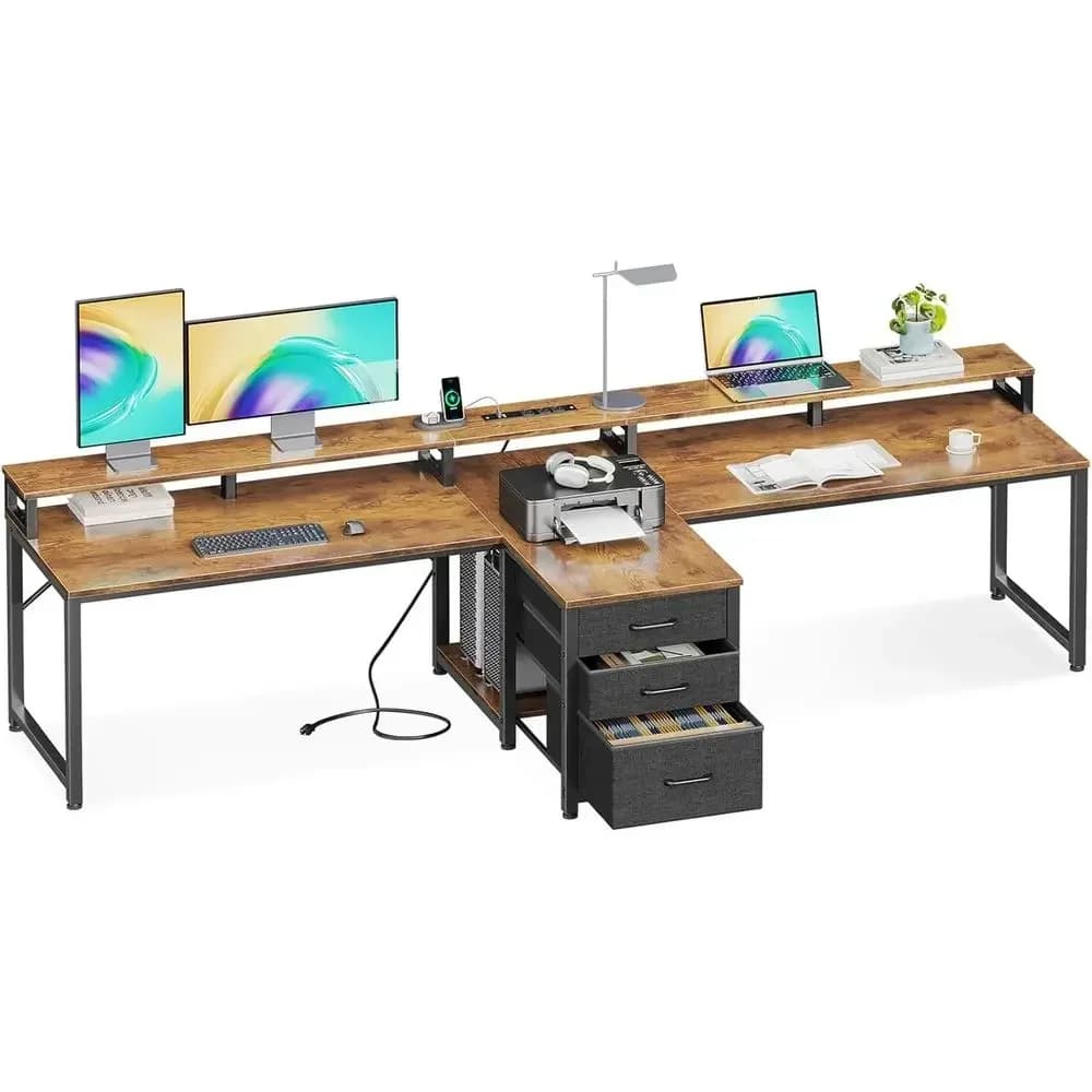Vintage Brown Extra Long 2-Person Desk with Power Outlet, USB Ports, Fabric Drawers, and Monitor Stand