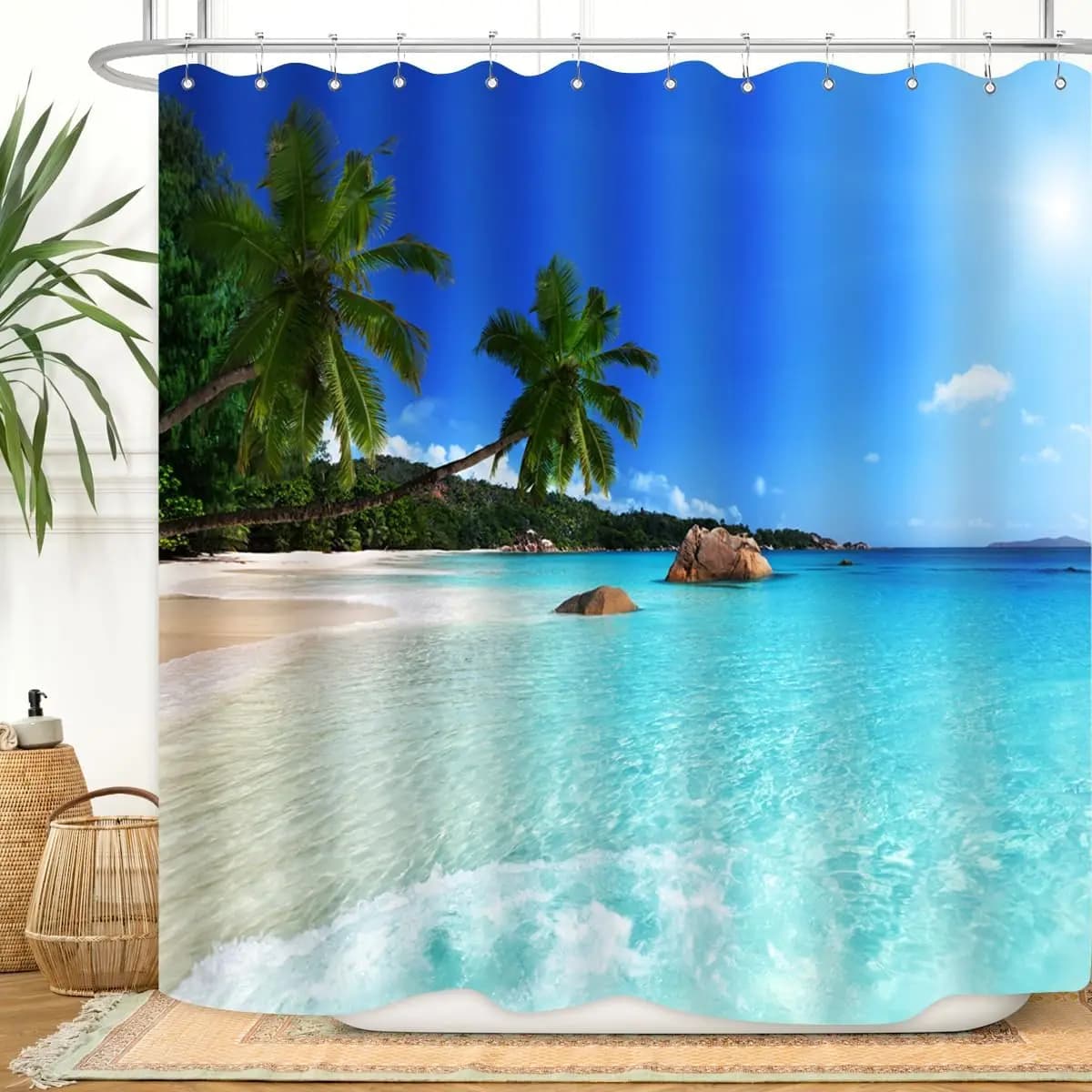 Tenda da doccia Ocean Beach, cielo blu, mare, palme tropicali, paesaggio costiero, tenda da bagno in tessuto impermeabile, decorazione per il bagno