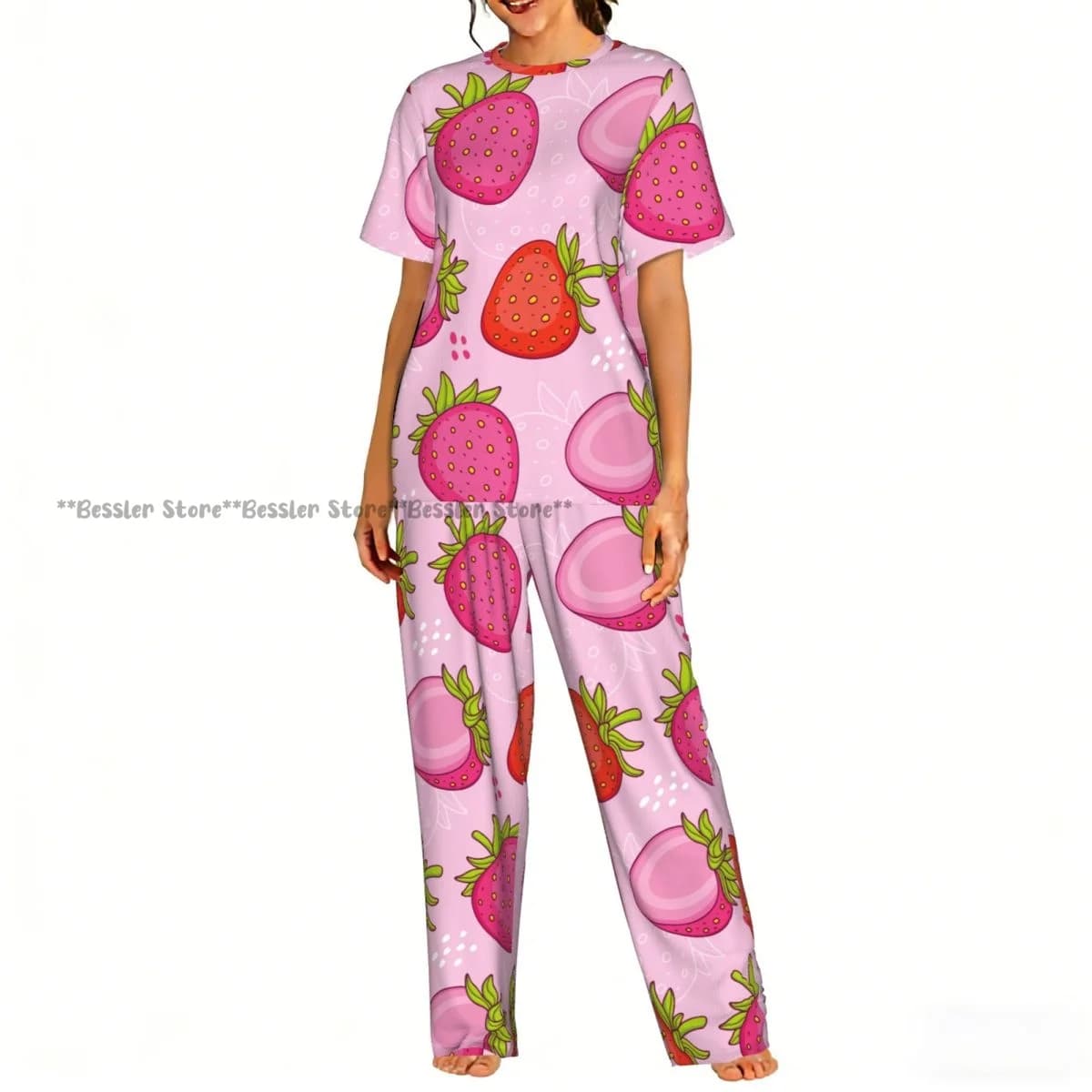 Women's casual pajamas set with short sleeves and pink strawberries print