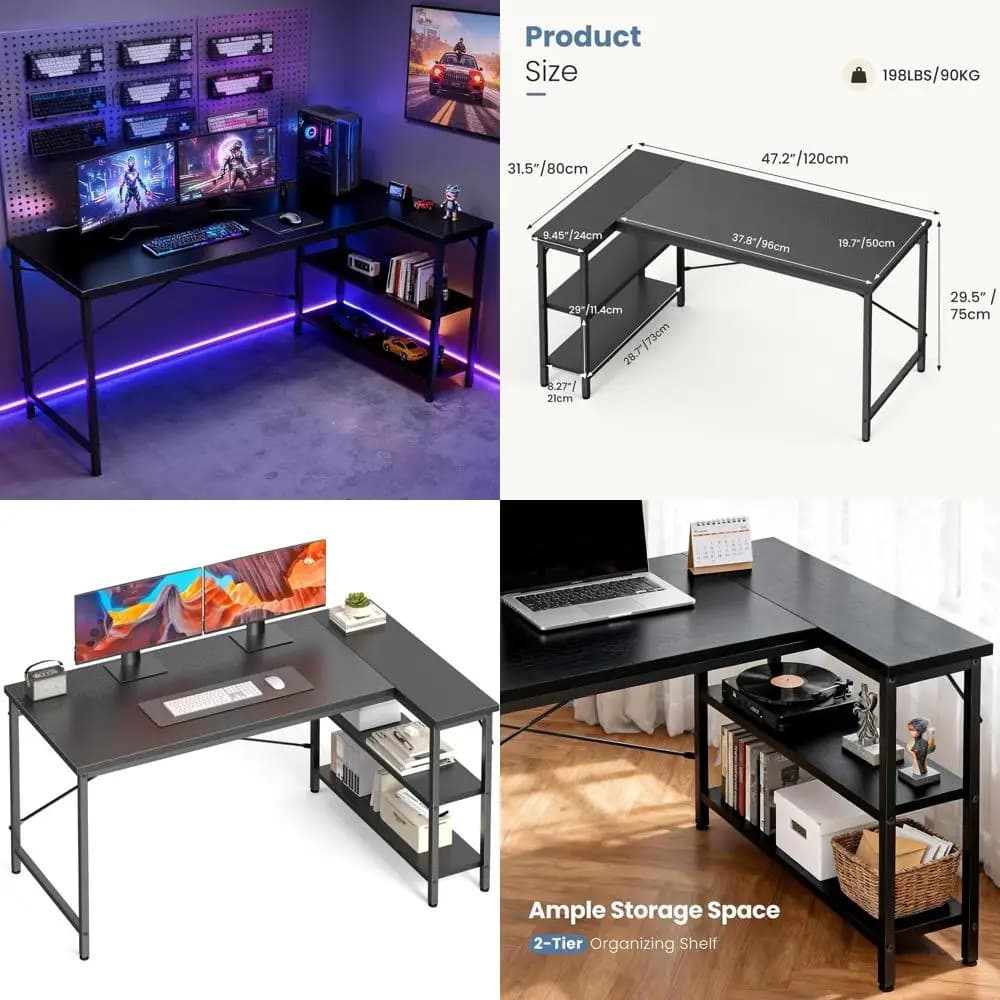 Scrivania da gaming e da ufficio a forma di L da 47 pollici con ripiani portaoggetti reversibili in nero ebano