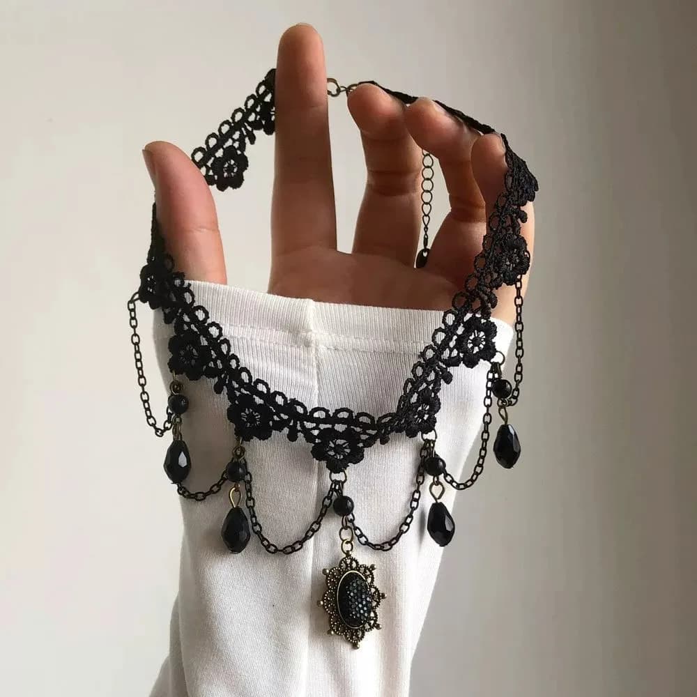 Gothic Vintage Black Punk Sexy Geometric Tassel Chain Pendant Lace Necklace for Women Personalized Charm Halloween Jewelry Gifts