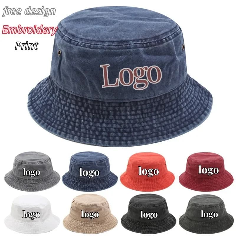 Cappello da pescatore in denim di cotone lavato unisex Cappello Panama pieghevole stile hip-hop con logo ricamato personalizzato per donne e uomini
