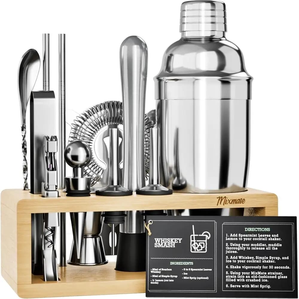 Set da Cocktail in Argento da 15 Pezzi con Supporto: Shaker, Jigger, Colino, Cucchiaio Miscelatore, Pinze