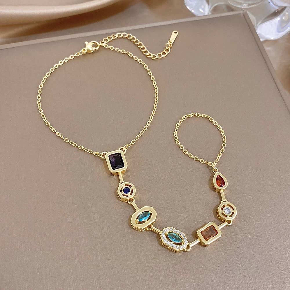 Exquisite Geometric Colorful Zircon Bracelet for Women Gold Plated Copper Link Connected Finger Chain Ring Bracelet Hand Jewelry