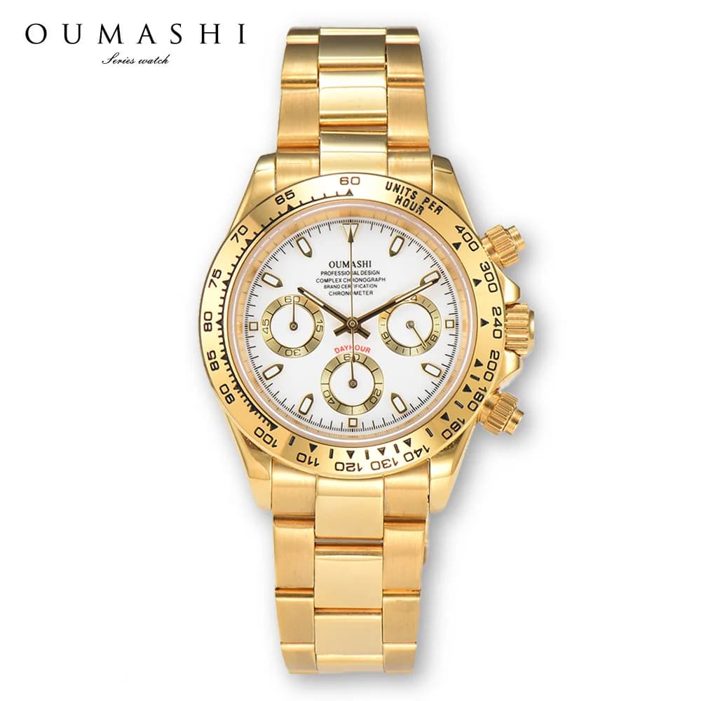 39 mm VK63 gold stainless steel watch with sapphire crystal, Panda dial, VK63 movement, quartz chronograph, waterproof, men's watch