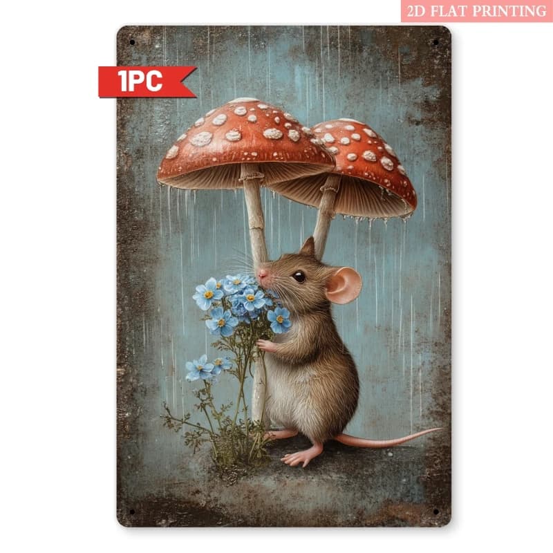 Targa in metallo vintage con topo e fiori a forma di fungo, 8x12 pollici, decorazione retrò per camera da letto, sala giochi o decorazione da parete in stile rustico