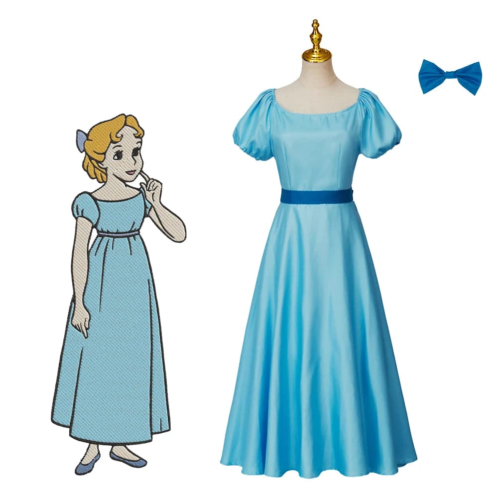 Costume da Cosplay di Wendy Darling, Abito Azzurro con Cintura e Fiocco, Set per Donna Adulta, Travestimento per Halloween e Carnevale