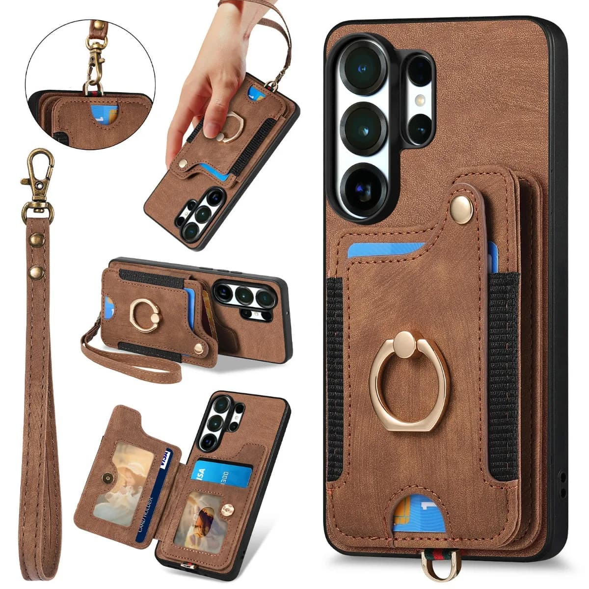 Leather phone case with ring and RFID block for Samsung S26 Ultra, S26, S25 Plus, S24, S23, S22 Ultra, A37, A57, A17 - Card holder and wallet