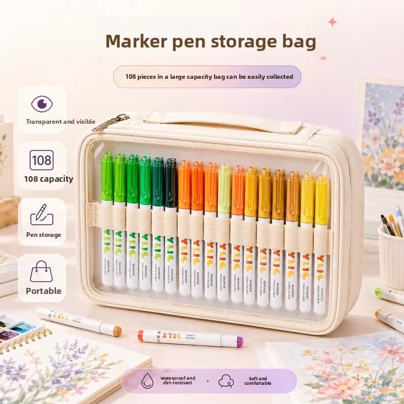 108 Slots Marker Pen Storage Bag, Large Capacity Transparent Visible Handheld Waterproof Pen Case, Portable Organizer Pouch
