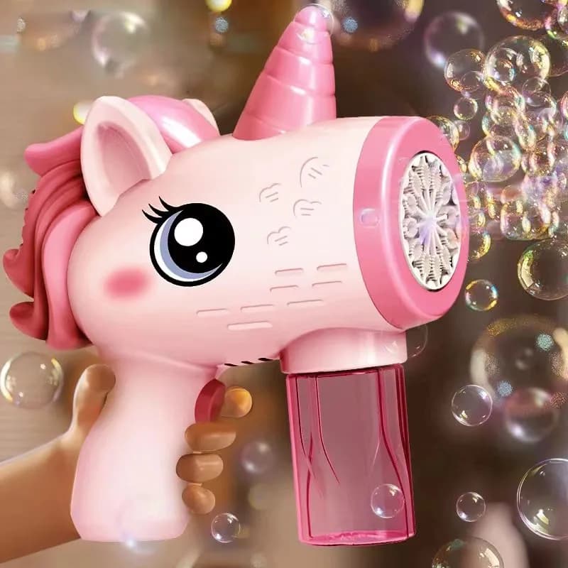 Pistola a bolle elettrica Unicorno, macchina per bolle giocattolo, soffiatore automatico di sapone con luci, giochi per feste estive all'aperto, regali per bambini