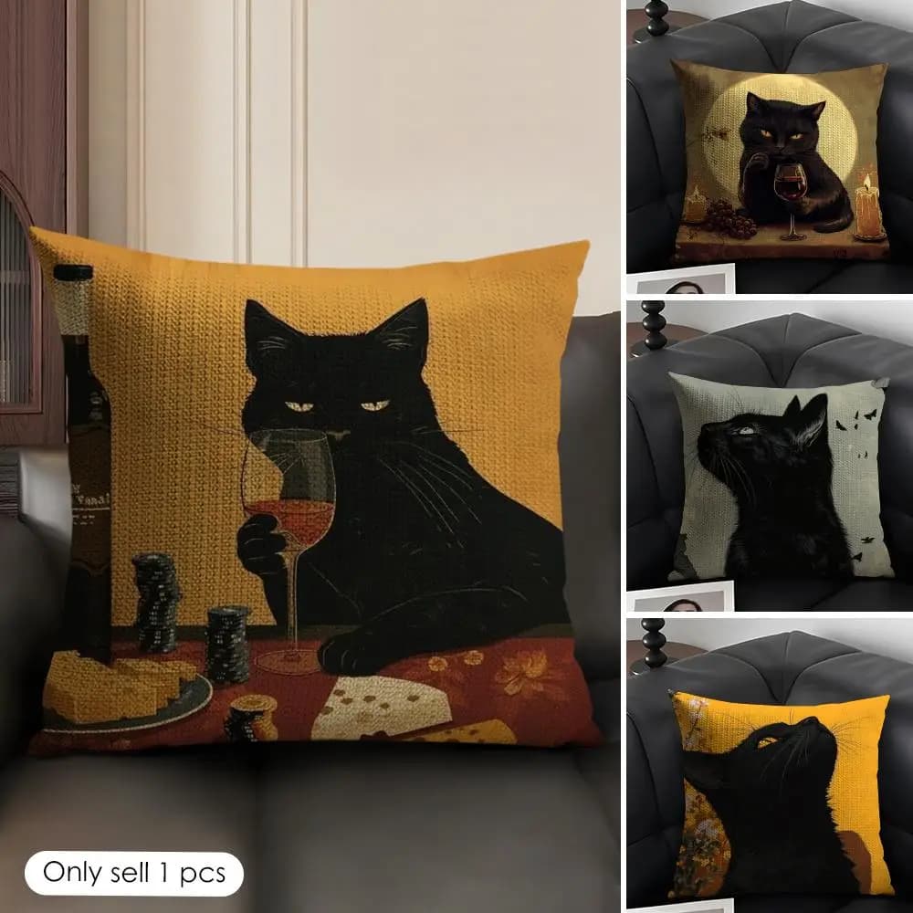 Fodera per cuscino Black Cat in lino naturale, tessuto organico, stampa fronte-retro, per divano, decorazione per la casa, regalo, federa