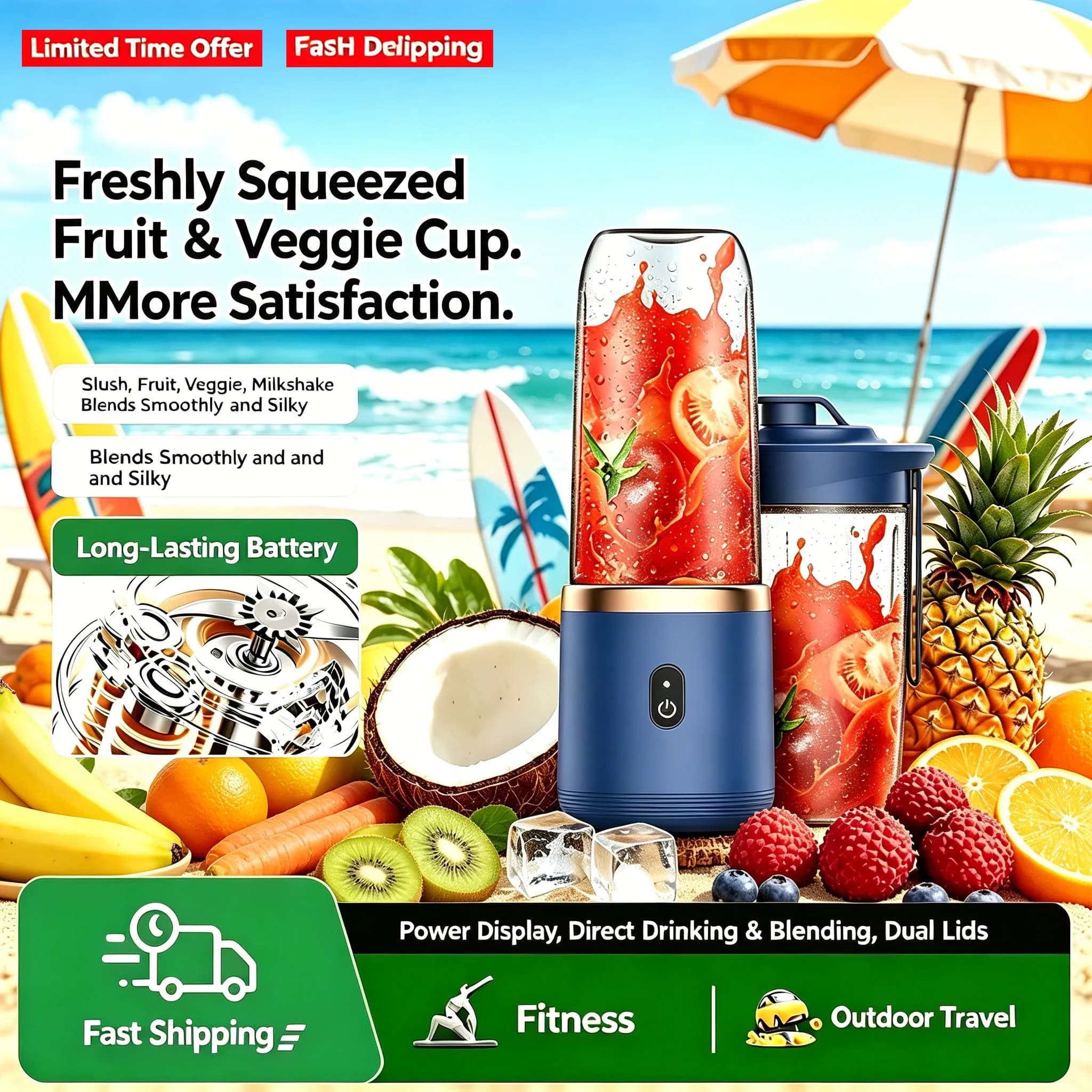 Portable USB Rechargeable Blender,400ml Mini Juicer Cup with 6 Blades & Cup,Handheld Smoothie Maker for Gym Kitchen Travel