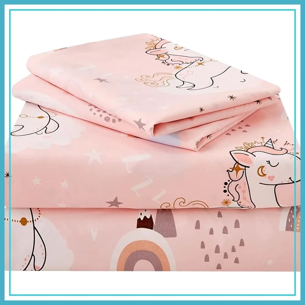 Set di lenzuola JSD Pink Unicorn Twin, 3 pezzi, lenzuola in microfibra con stampa arcobaleno per ragazze, tasche profonde