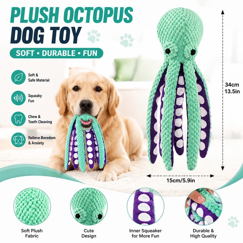 Durable Squeaky Octopus Plush Dog Toy – Bite-Resistant, Teeth Cleaning Chew Toy & Interactive Play for Medium Breed Dogs & Pets