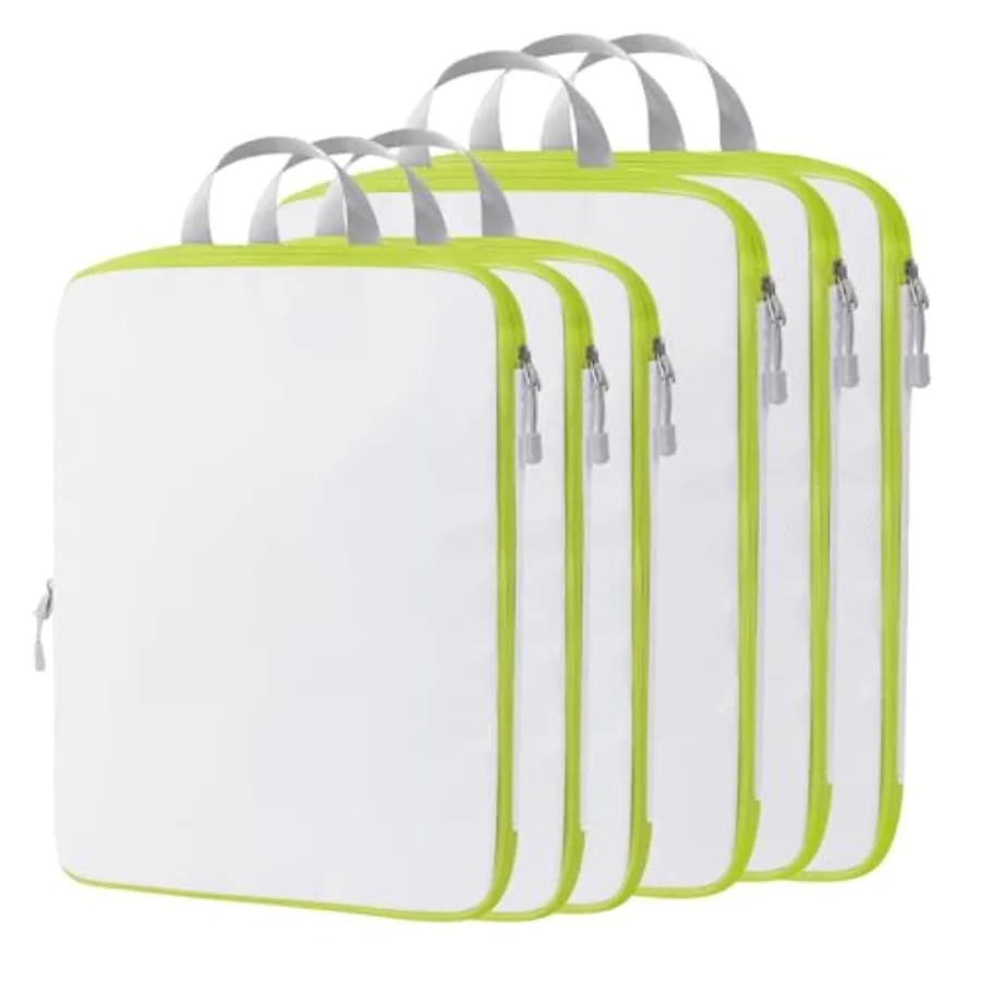 Set di 6 Cubi di Compressione per Viaggio, Organizzatori Leggeri e Comprimibili per Bagagli a Mano e Valigie, Bianco e Verde