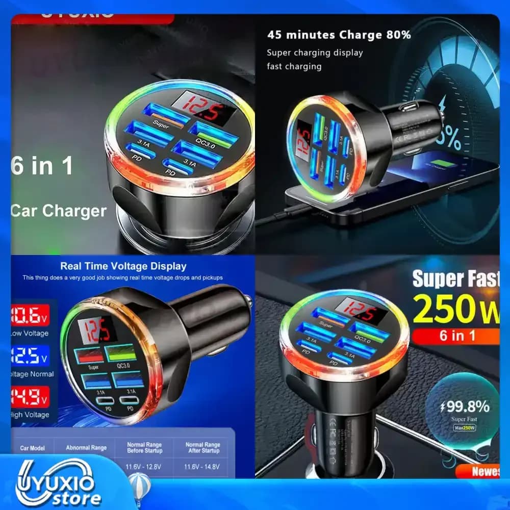 Caricabatterie da auto USB C 6 in 1 con display della tensione, 4 porte USB A, 2 porte PD, adattatore di ricarica super rapida per Samsung, iPhone, telefoni Android