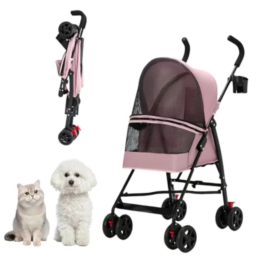 Pet Stroller for Small Dogs and Cats, CYUmail 4 Wheels Foldable Dog Stroller, Puppy Carrier for Small Dogs 0-15 lbs w/Cup Holde