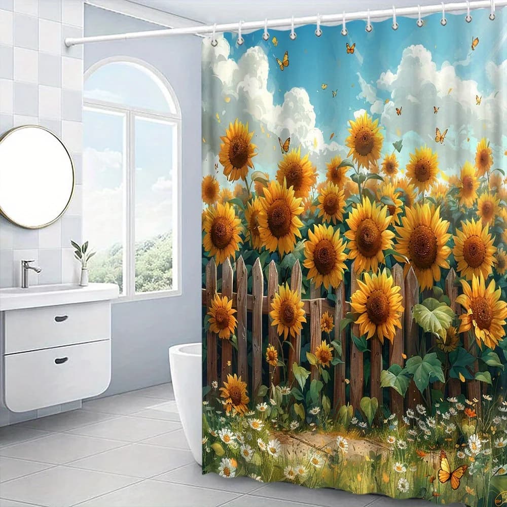 Tenda da doccia da campo di girasole da 1 pezzo: girasoli vibranti e recinzione in legno, cielo blu, poliestere, 70,8x70,8 pollici, 12 ganci inclusi