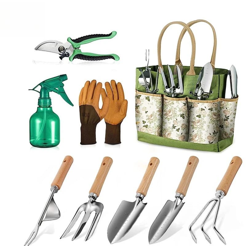 Set di 9 Attrezzi da Giardino in Acciaio Inossidabile con Manici in Legno