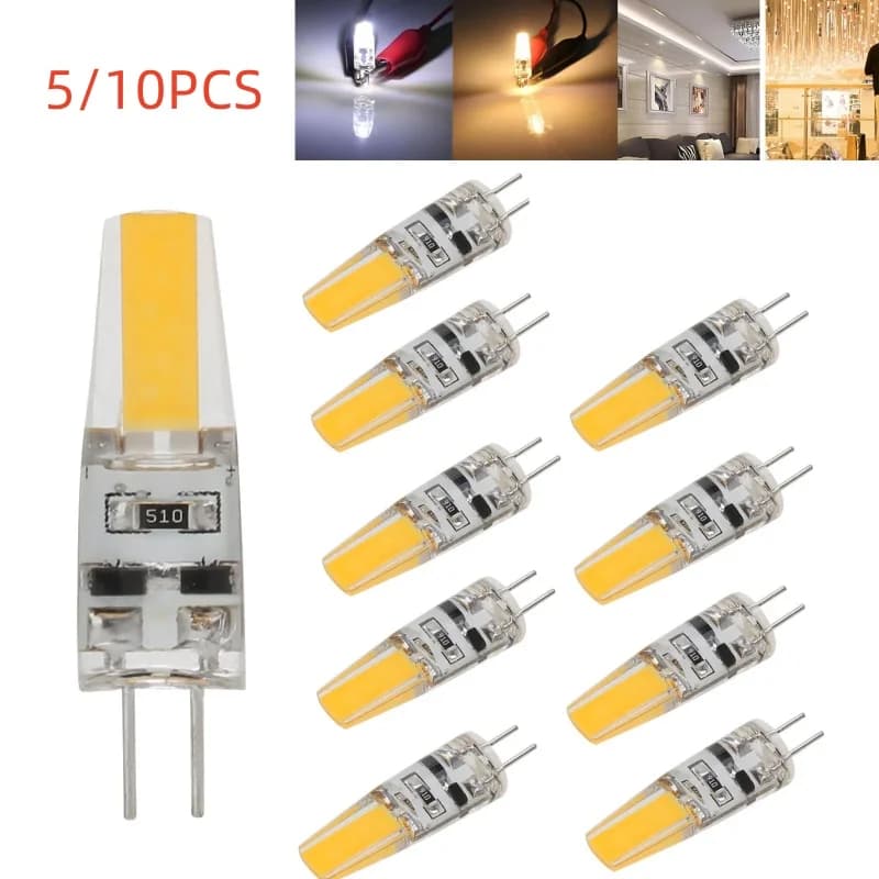 Set of 5 Mini 6W COB G4 LED Lamps, Dimmable, AC DC 12V 220V 110V, 45W Candle Light Replacement, for Lamps and Downlights, White Light