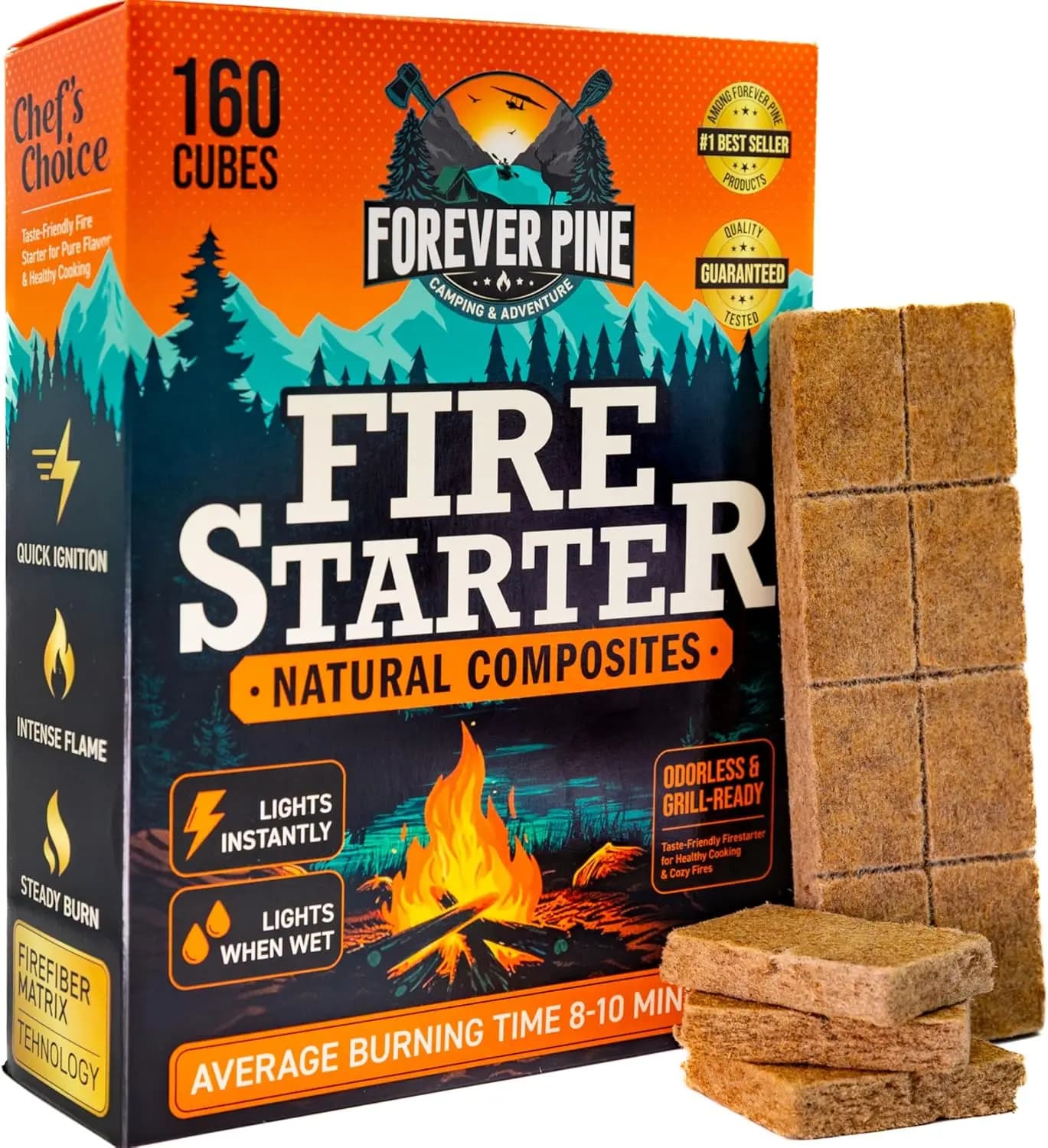 Cubetti Accendifuoco, Confezione Convenienza da 160 Pezzi per Caminetto, Braciere, Stufa a Legna, Barbecue - Naturali e Impermeabili