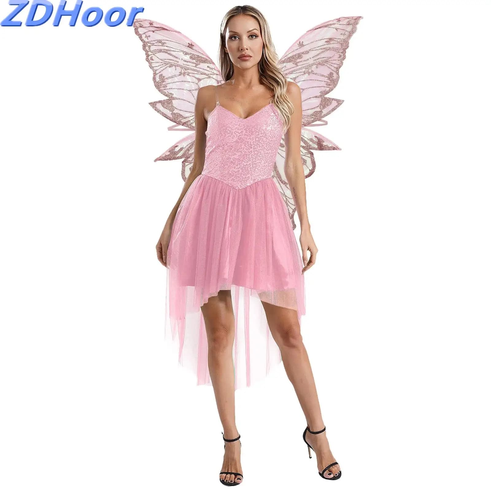 Costume da Fata della Foresta per Donna, Top Senza Maniche con Scollo a V e Paillettes, Abito con Orlo in Tulle e Ali da Elfo per Halloween e Giochi di Ruolo