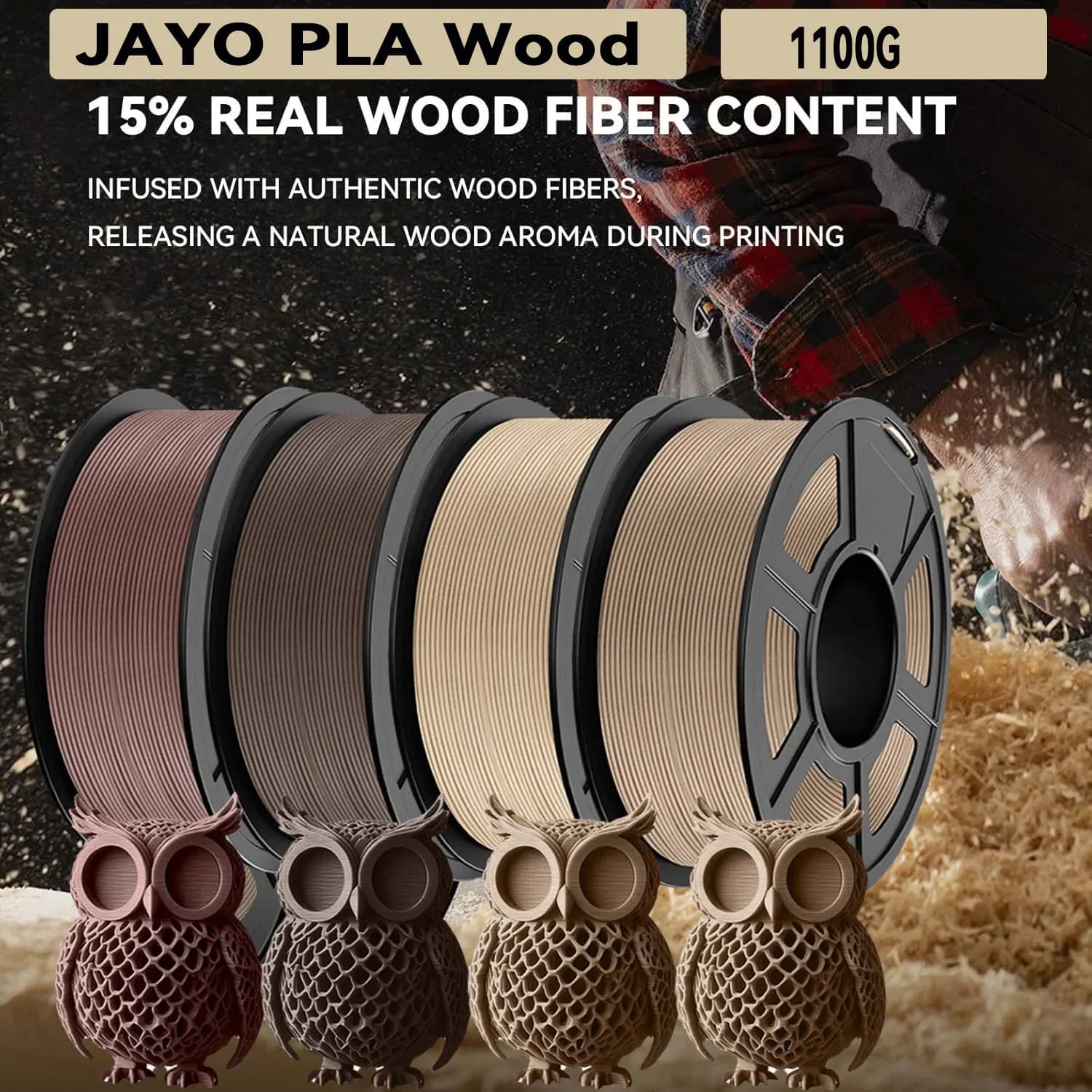 3D JAYO 1.75 mm 1,1 kg 15% real wood fibres dimensional accuracy +/- 0.02 mm Suitable for most 3D FDM printers