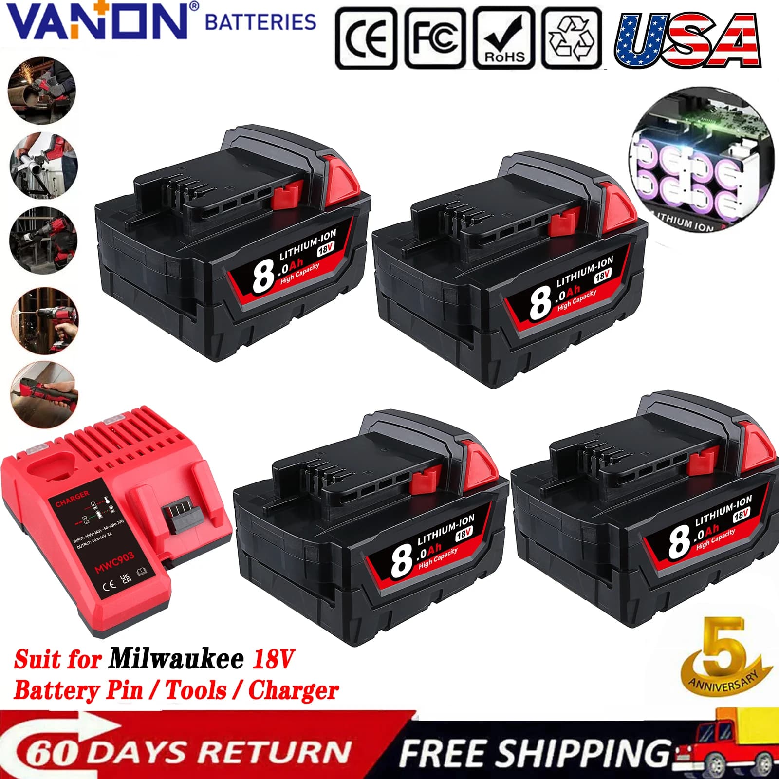VANON 1/2/4 pezzi 8.0Ah M18 batteria agli ioni di litio sostituisci per Mil-wauke 18V 48-11-1812 48-11-1820 pin batteria e caricabatterie 3A 12-18V M12-18C