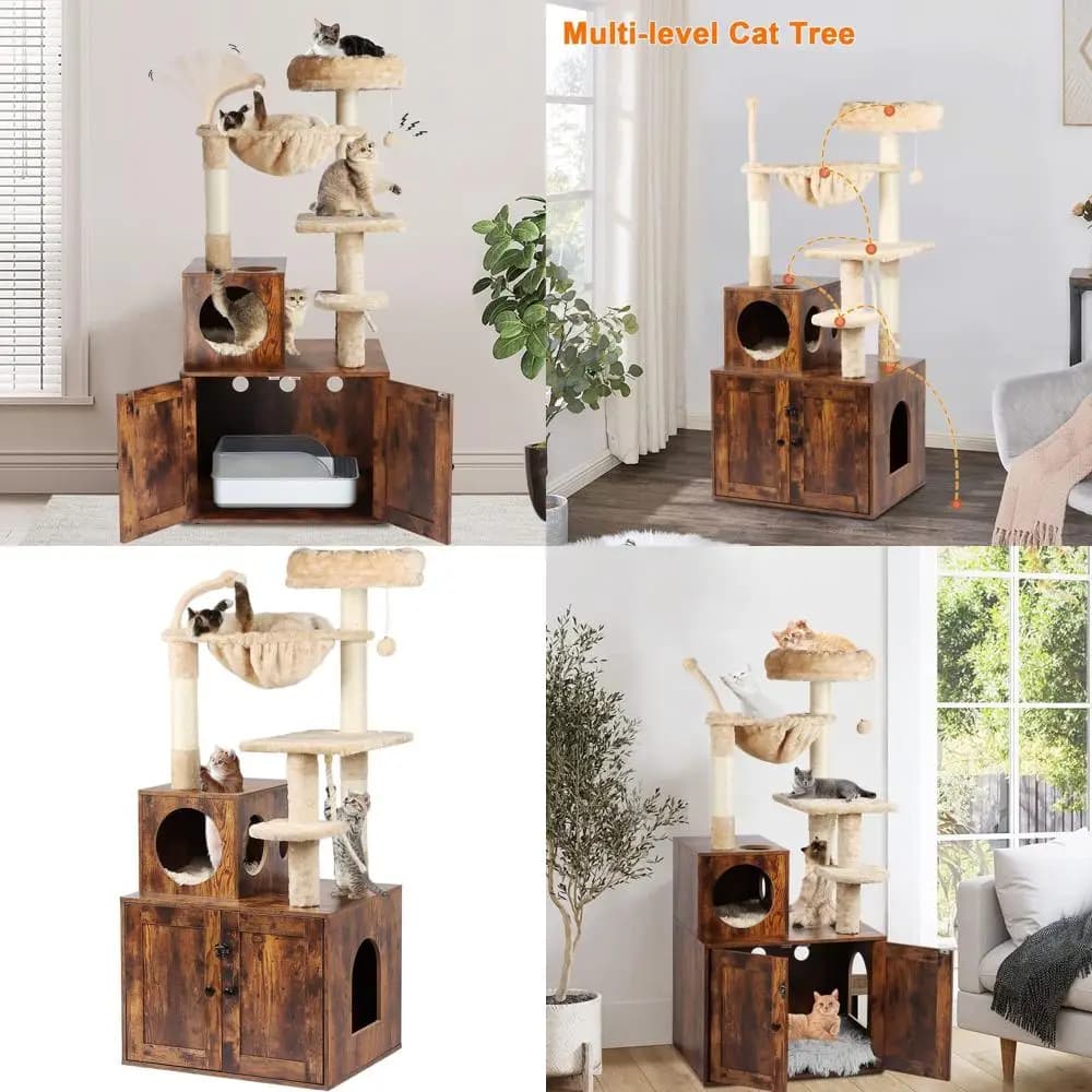 Albero per gatti da interno 2-in-1 con lettiera integrata, ampio condo per gatti in legno con cestino, posti per grattare e pompon color ruggine