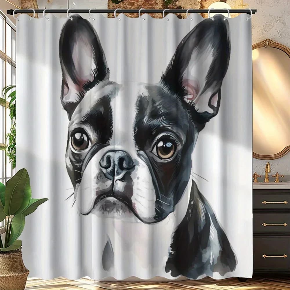 Tenda da doccia con stampa cane, design artistico in bianco e nero, in poliestere, lavabile con ganci, elegante arredamento per il bagno
