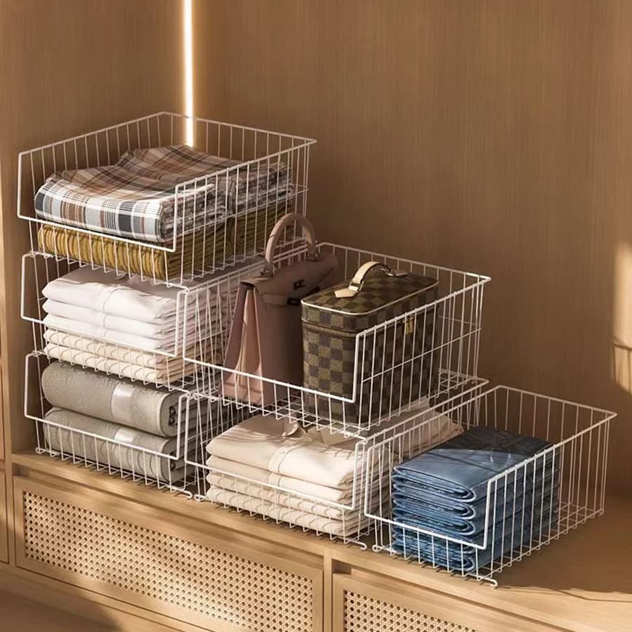 Organizzatore e portaoggetti per armadio, ripiani appesi per vestiti, cestini in filo metallico, contenitori per cestini portaoggetti, per abbigliamento, maglioni, scarpe, borse