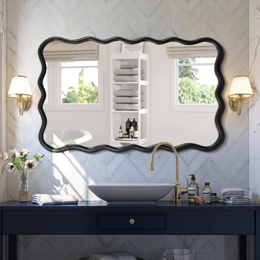 Specchio rettangolare ondulato in legno massello-Nero 40" x 28" Specchio moderno Decorazione da parete per bagno Camera da letto Soggiorno Sala da pranzo Cloakroo