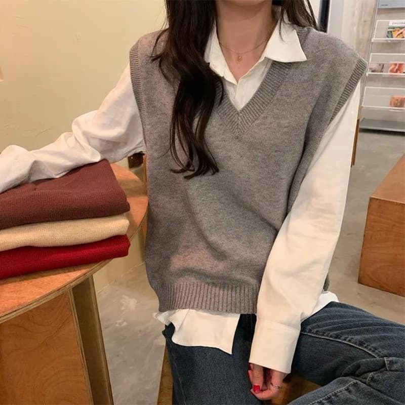 Basic Gray Sweater Vest Women College Style Korean Sleeveless Knitted Vest Spring Autumn Solid Color Casual V-Neck Waistcoat