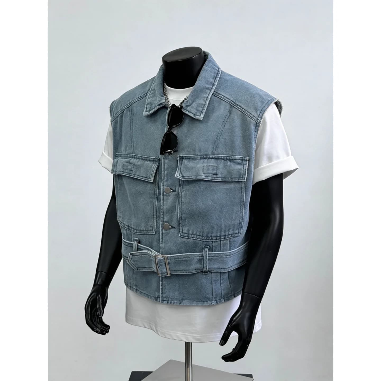 American Decomposition Style Men's Denim Vest Short Wide Sleeveless Jacket High Street Versatile Retro Collar Workwear Vest
