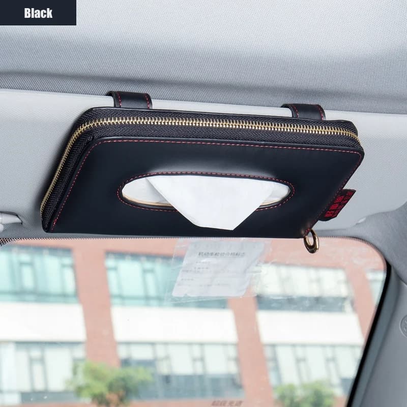 Scatola per fazzoletti per auto in pelle PU Organizzatore per visiera parasole con cerniera Accessori interni per auto Adatto per la maggior parte dei modelli di auto