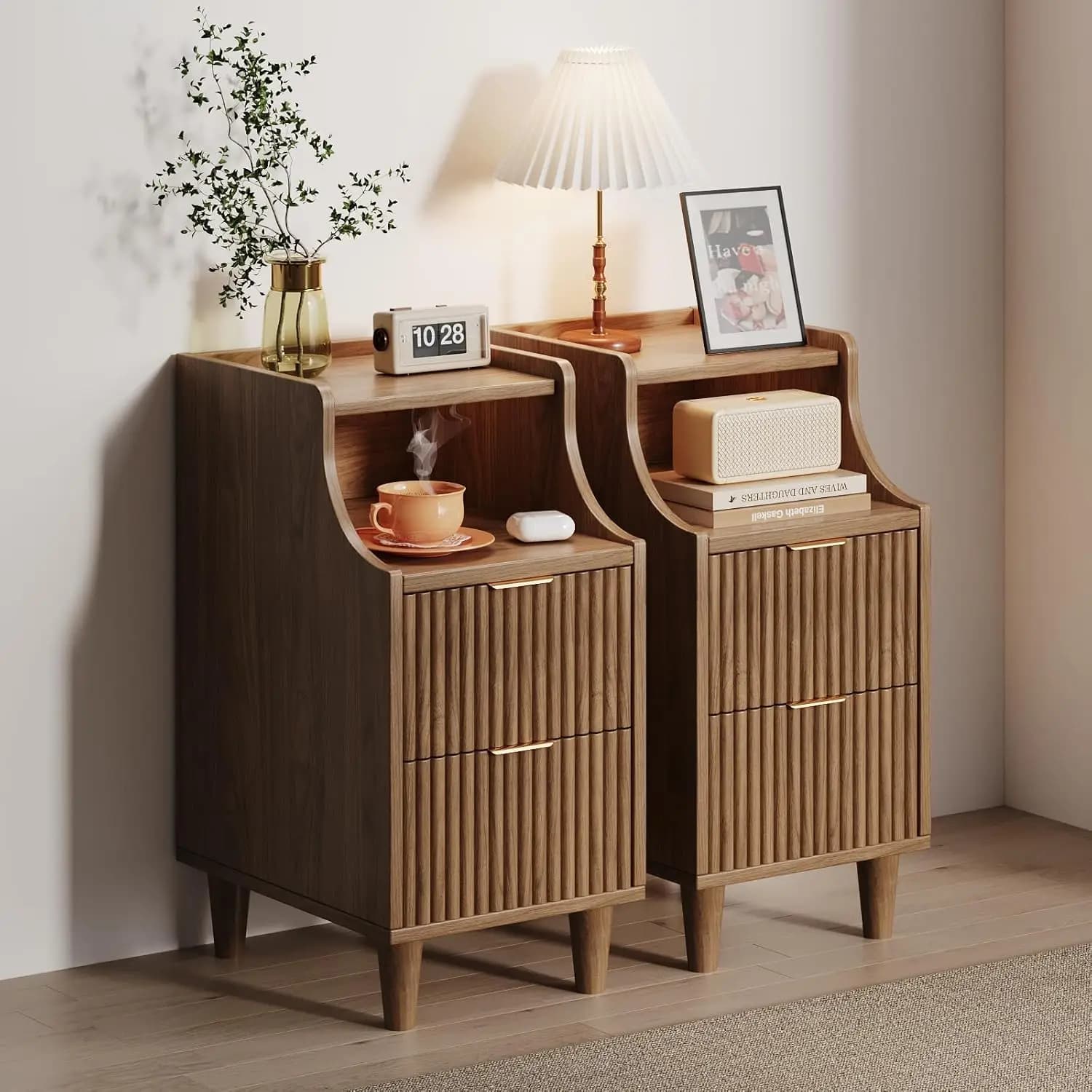 Set di 2 Comodini Stretti, Set di 2 Tavolini da Notte Scanalati da 30 cm, Tavolino Laterale Sottile con 2 Cassetti, Comodino in Legno, Personalizzabile