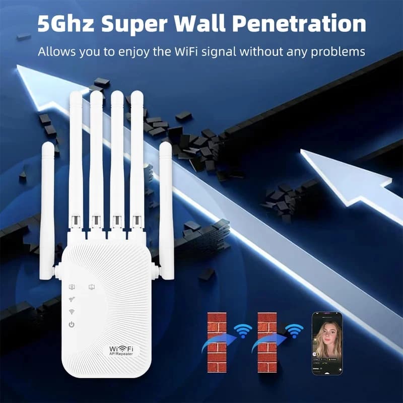 Home WiFi Network Signal Booster Amplifier, Easy Installation 5G Dual Band Repeater, 1200M Reliable Wireless Extender Device