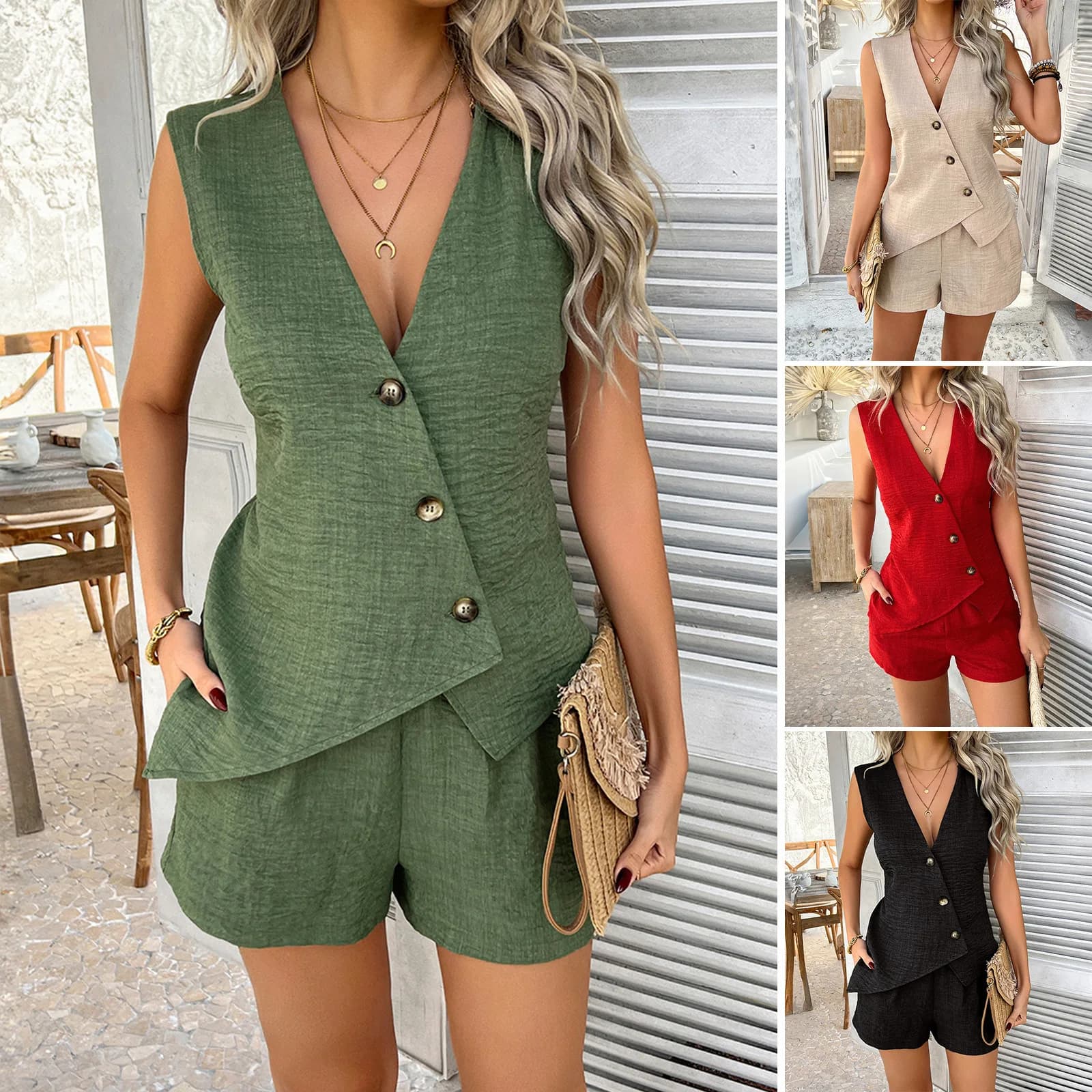 Shorts Pant Set Women Two Piece Sets V Neck Sleeveless Tops Vest Short Pants Elastic Waist Y2k Streetwear Elegant Casual Loose