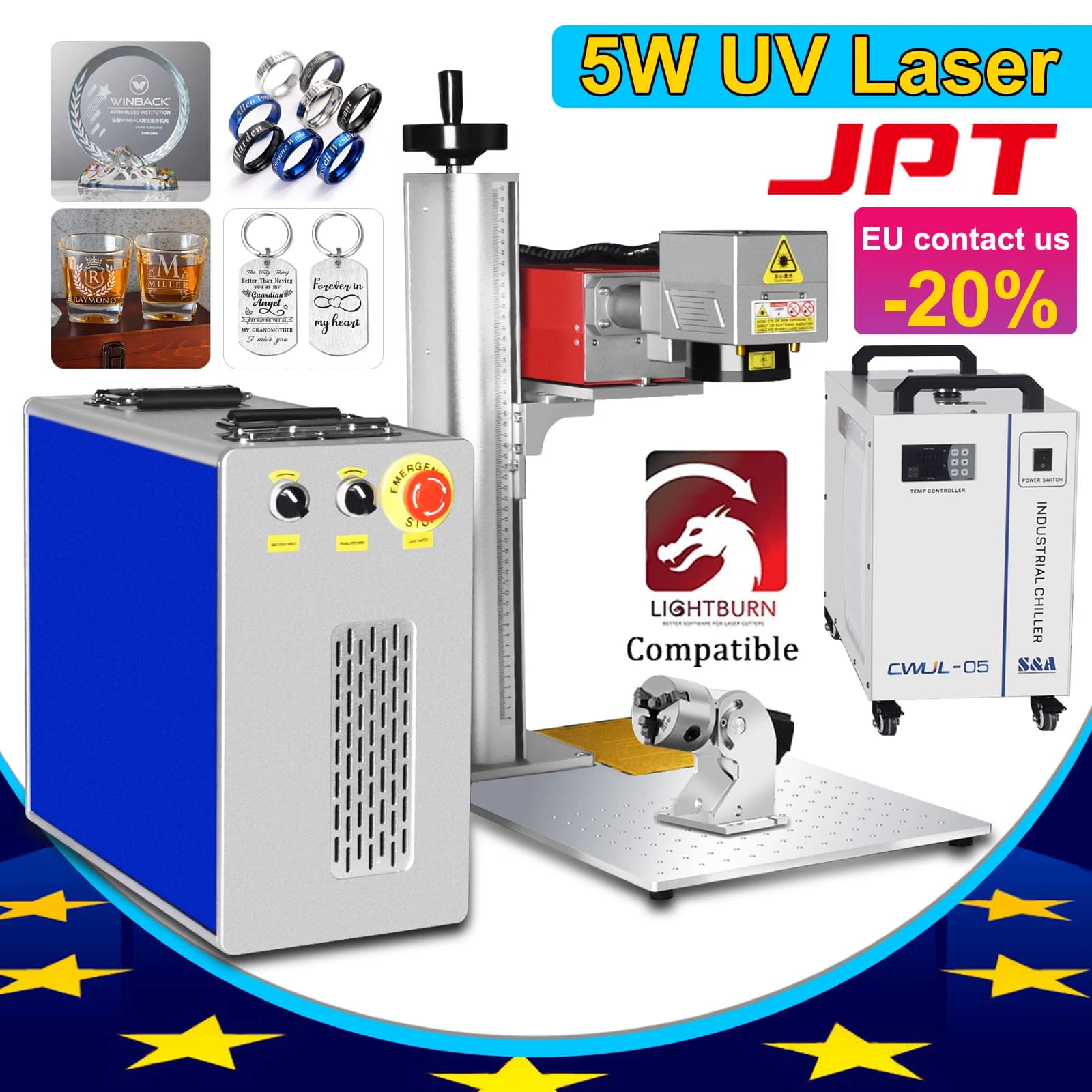 Macchina per marcatura laser UV JPT 355nm 5W Incisore laser UV Laser UV JPT per vetro/legno/acrilico/pelle raffreddato ad acqua
