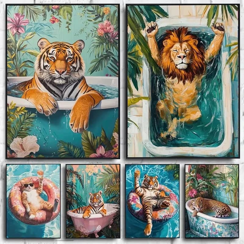 Relaxing Animal on Pool Float Summer Tropical Oil Painting By Numbers Canvas Painting Wall Art Fun Bathroom Room Home Decor