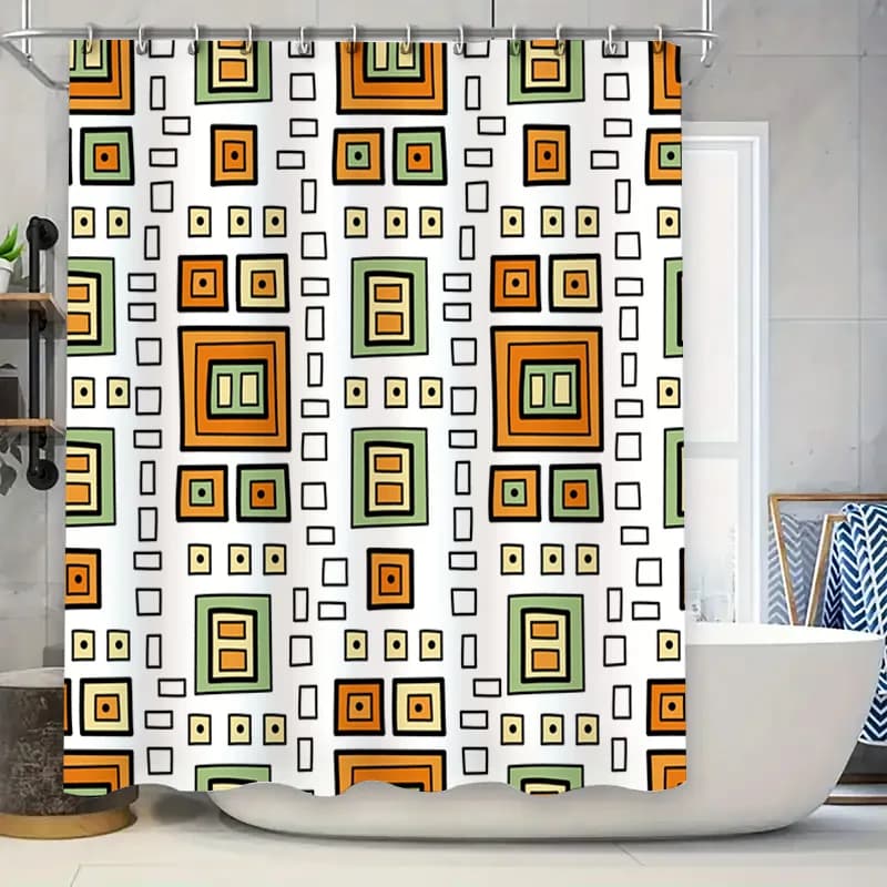 Tenda da doccia moderna per arredamento bagno con tessuto impermeabile con motivo quadrato arancione per accessori da bagno di casa in bianco