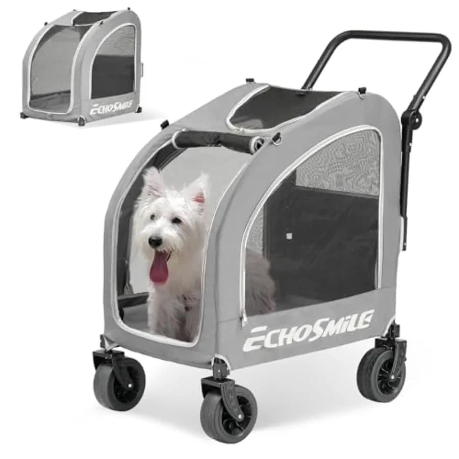 EchoSmile 4 Wheels Pet Stroller, Dog Cat Stroller for All-Season, Lightweight Carrier with Storage Basket, Adjustable Handle, R