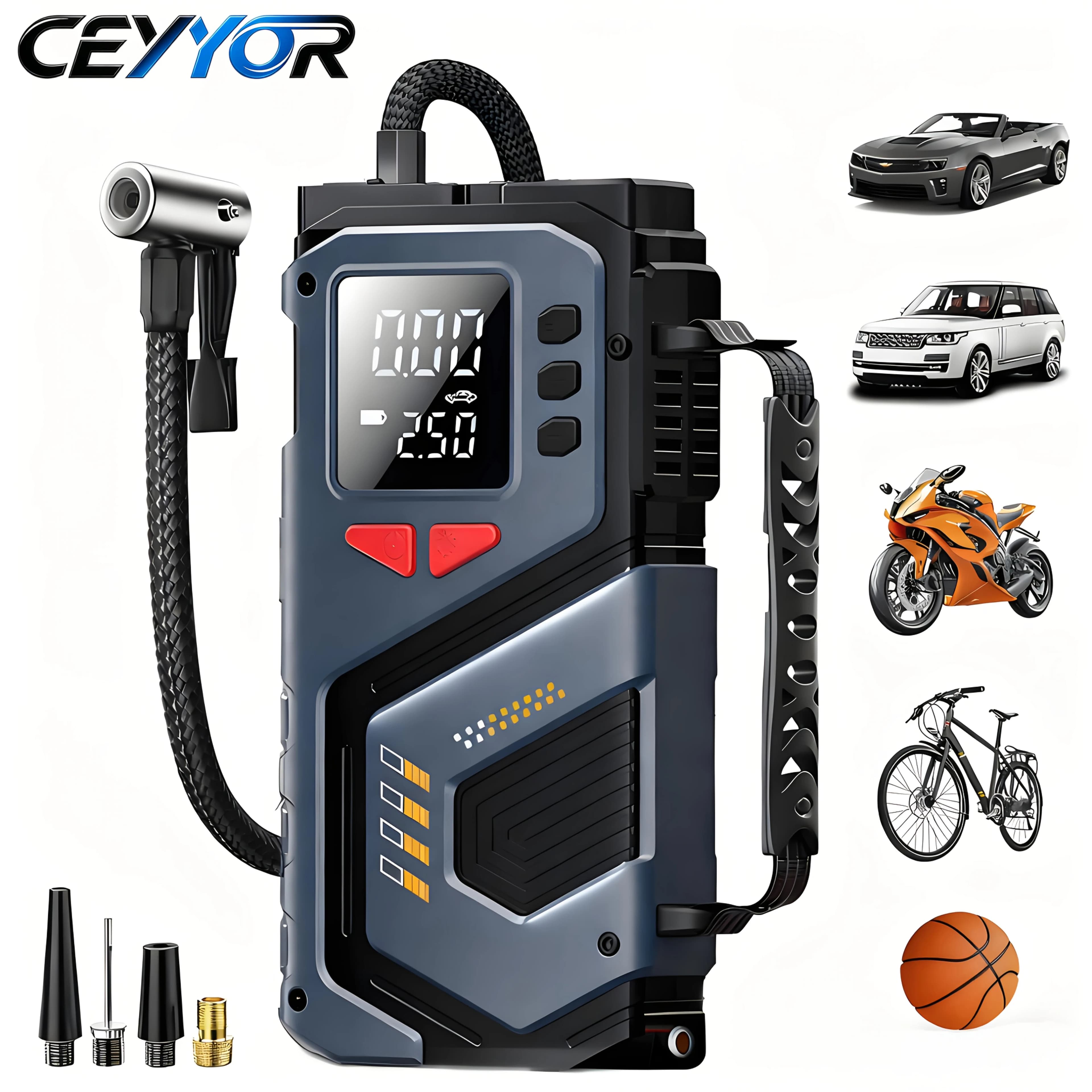 CEYYOR Portable Air Pump 150PSI,Suitable For Car/Bike/Motorcycle Tires, Equipped with LED Light/Pressure Gauge/Convenient Handle