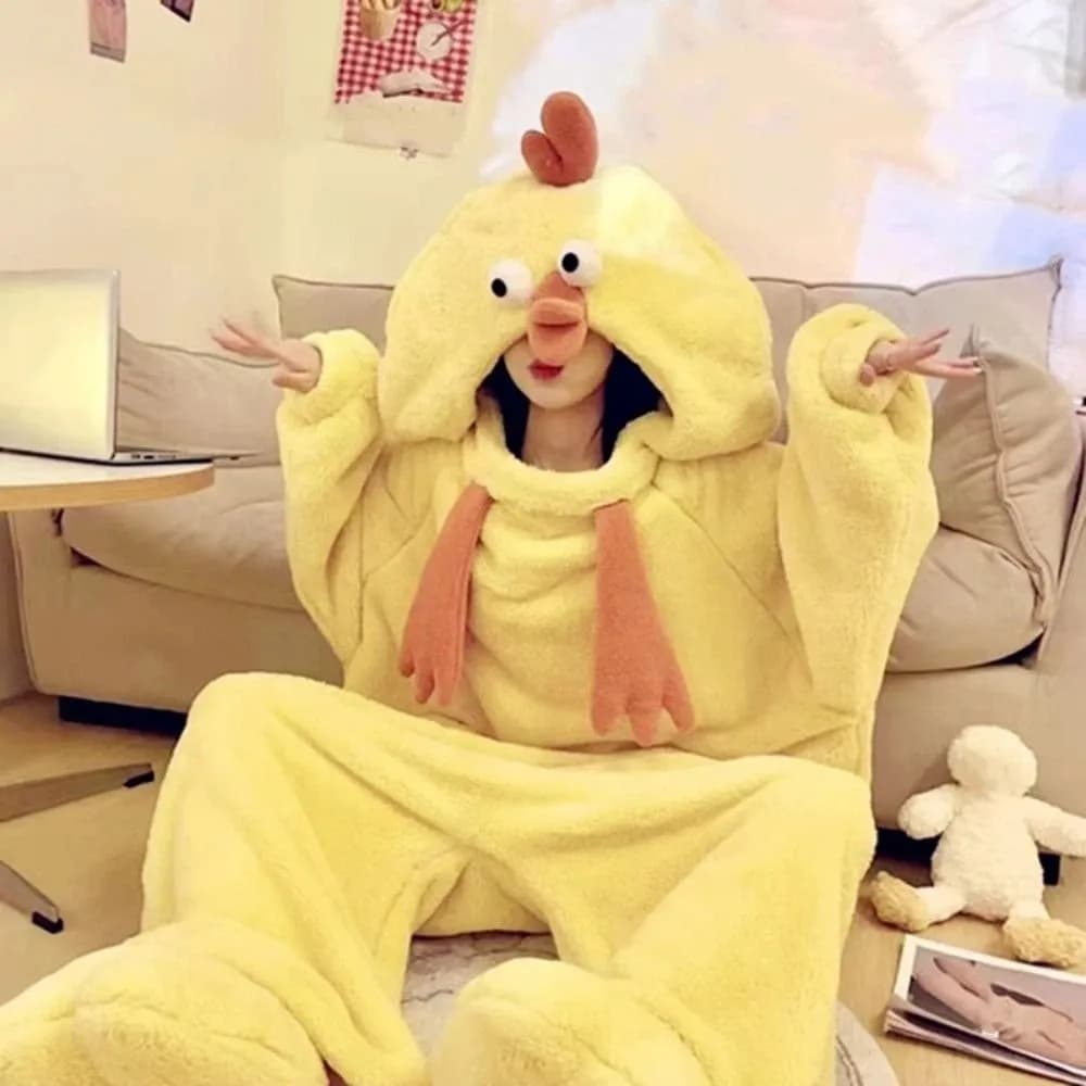 Tute dolci Pigiama di pollo del fumetto Manica lunga Divertente pile di corallo Indumenti da notte Abbigliamento per la casa Peluche Caldo e carino Indumenti da notte Donna Casa