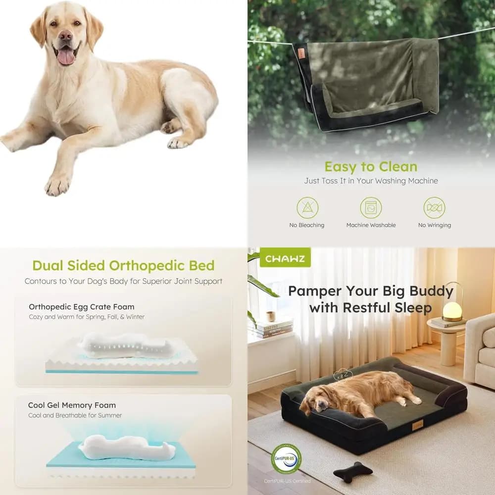 Letto per cani in memory foam con gel rinfrescante ortopedico, copertura lavabile impermeabile, 45 divani in velluto olandese con giocattolo osseo, XL nero