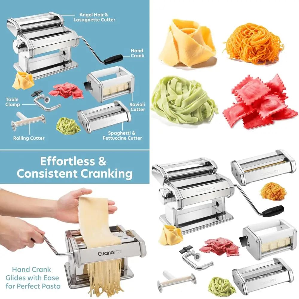 Set Deluxe per macchina per pasta in acciaio inossidabile - 3 accessori per 5 tipi di pasta: spaghetti, fettuccina, peli d'angelo, ravioli, Lasagnet
