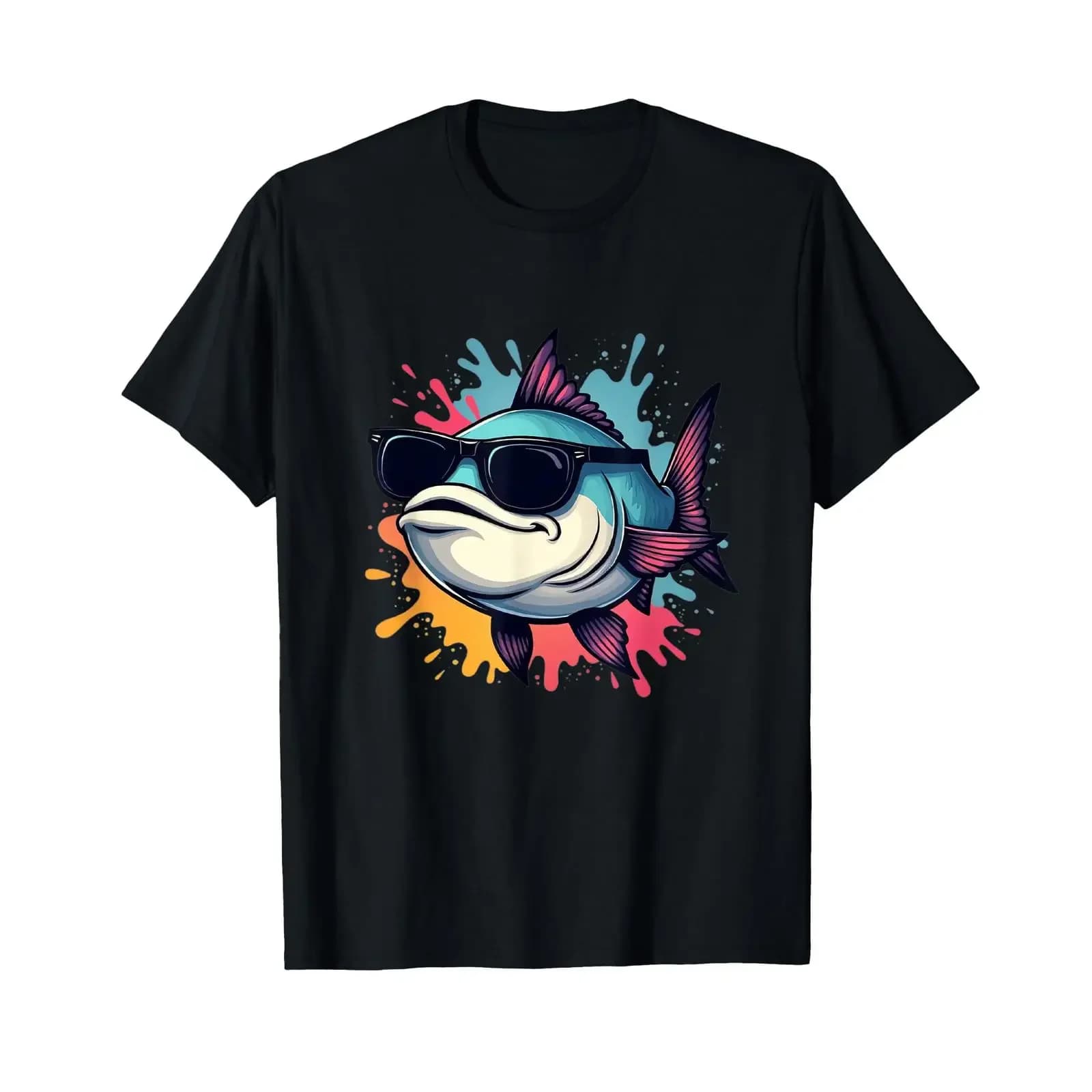 Comic fish with sunglasses and paint splatters T shirt vintage Washed Stretched graphic streetwear Top For Everyday Wear