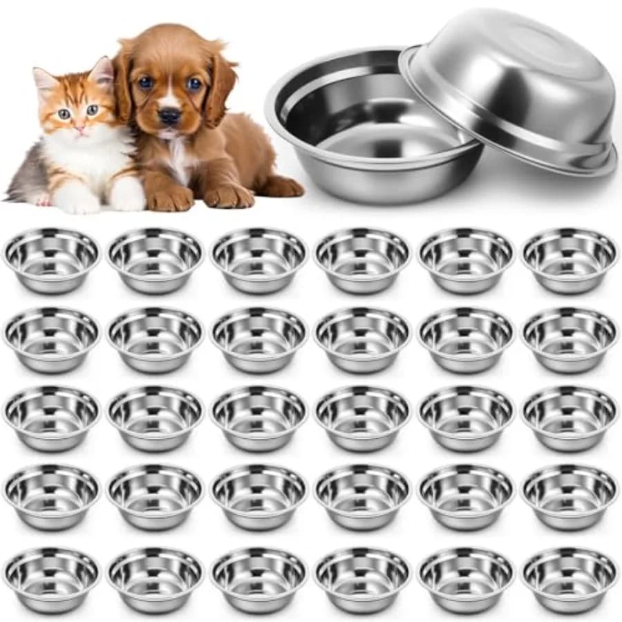 30 Ciotole per Cani in Acciaio Inossidabile, Contenitori Metallici Leggeri di Ricambio per Cibo e Acqua, Ideali per Gabbie e Cuccette